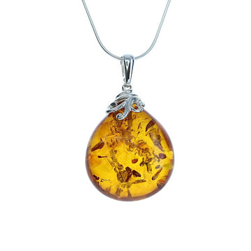 Honey Baltic Amber Large Teardrop Pendant with Sterling Silver Detail