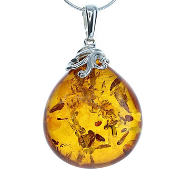 Honey Baltic Amber Large Teardrop Pendant with Sterling Silver Detail