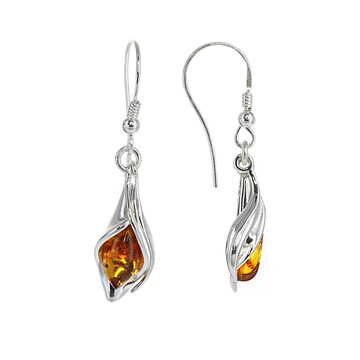 Honey Amber Flower Bud Earrings with Silver Flair