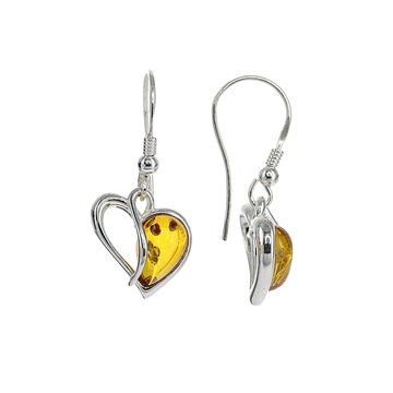 Baltic Amber Heart-Shaped Earrings in Sterling Silver