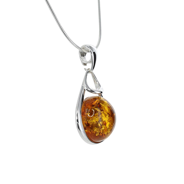 Honey Amber Round Pendant with Silver Teardrop Design Detail