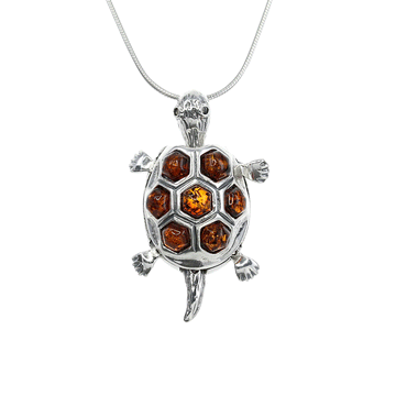 Honey Amber Turtle Pendant in Sterling Silver
