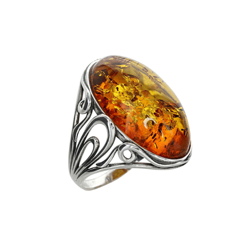 Honey Amber Domed Oval Ring in Detailed Sterling Silver