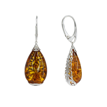 Honey Amber Teardrop Earrings with Sterling Filigree