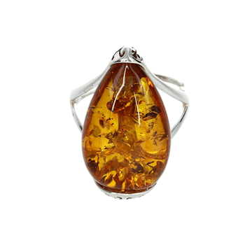 Teardrop Honey Amber Adjustable Ring with Sterling Silver Filigree