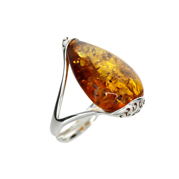 Teardrop Honey Amber Adjustable Ring with Sterling Silver Filigree