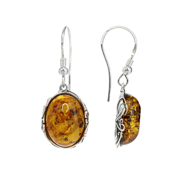 Honey Amber Domed Oval Earrings with Sterling Silver Detail