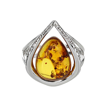 Small Teardrop Amber and Sterling Silver Adjustable Ring