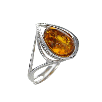 Small Teardrop Amber and Sterling Silver Adjustable Ring