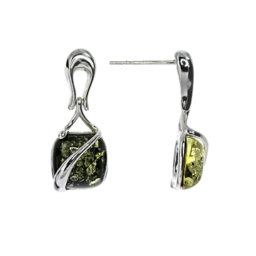 Green Amber Small Square Earrings with Sterling Silver Detail