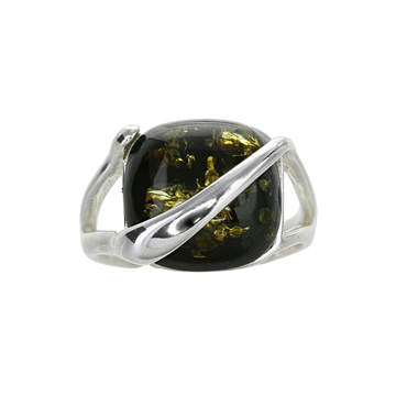 Green Amber Small Square Ring in Sterling Silver