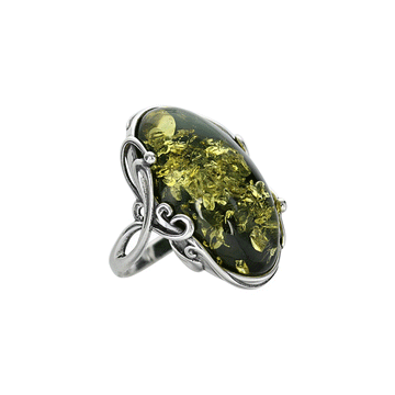 Green Amber Oval Ring in Detailed Sterling Silver