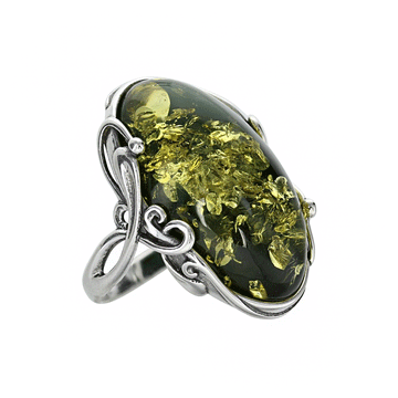 Green Amber Oval Ring in Detailed Sterling Silver