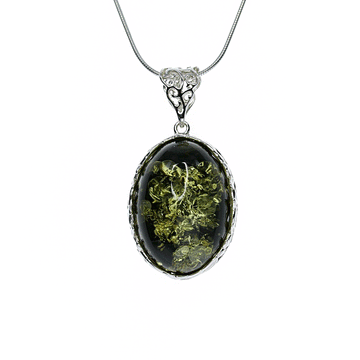 Green Amber Oval Pendant with Sterling Silver Leaf Detail