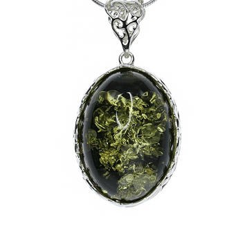 Green Amber Oval Pendant with Sterling Silver Leaf Detail