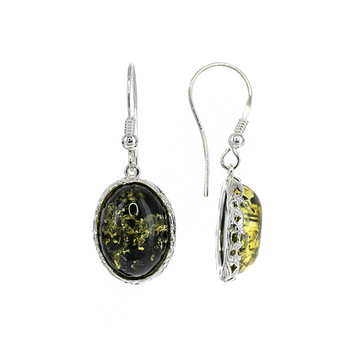 Green Amber Oval Earrings with Sterling Silver Leaf Detail