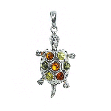 Multi-Colored Turtle Pendant in Sterling Silver & Amber