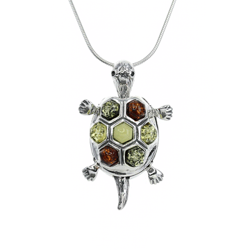 Multi-Colored Amber Turtle Pendant in Sterling Silver