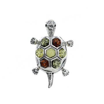 Multi-Colored Amber Turtle Pendant in Sterling Silver