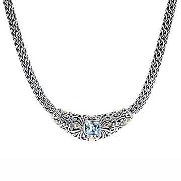 David Beck Bali 16" Necklace with Gold & Cushion Cut Blue Topaz