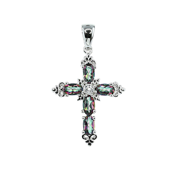 Blue Mystic Quartz Cross Pendant in Sterling Silver with White Topaz detail