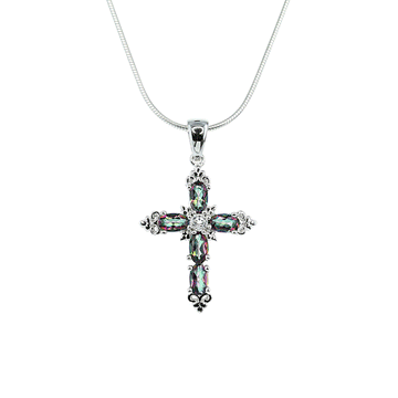 Blue Mystic Quartz Cross Pendant in Sterling Silver with White Topaz detail