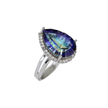 Blue Mystic Quartz Teardrop Ring in Sterling Silver with White Topaz