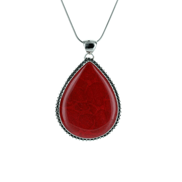 Red Coral Teardrop Pendant with Sterling Filigree
