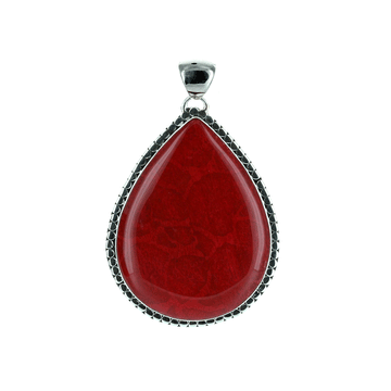 Red Coral Teardrop Pendant with Sterling Filigree