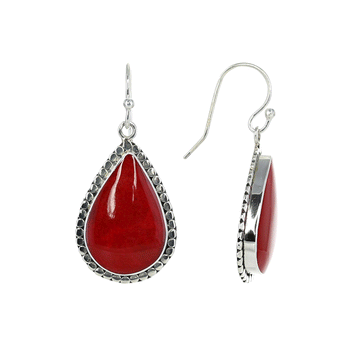 Red Coral Teardrop Earrings with Sterling Filigree