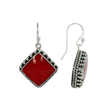 Red Coral Square Dangle Earrings with Sterling Detail