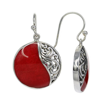 Coral Round Earrings with Sterling Filigree