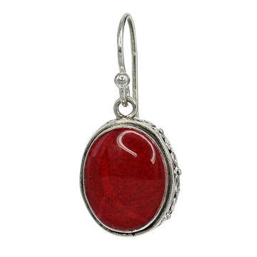 Red Coral Small Oval Earrings with Sterling Filigree