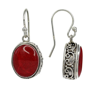 Red Coral Small Oval Earrings with Sterling Filigree