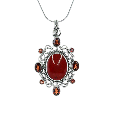 Fancy Red Coral Pendant with Garnet and Sterling Detail