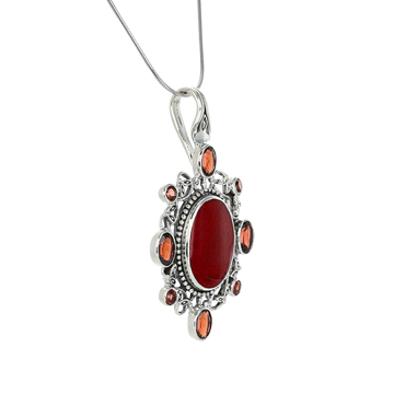 Fancy Red Coral Pendant with Garnet and Sterling Detail