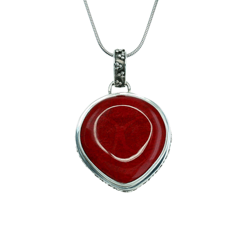 Small Mother of Pearl Rounded Heart Pendant Set in Sterling Silver (Red Reversible)