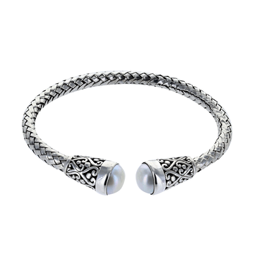 Woven Bali Freshwater Pearl Cuff in Sterling Silver