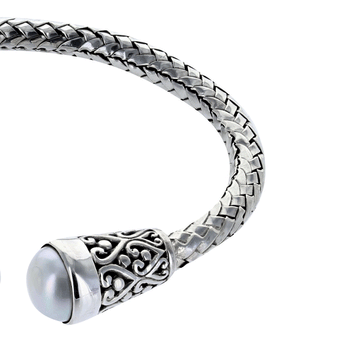 Woven Bali Freshwater Pearl Cuff in Sterling Silver