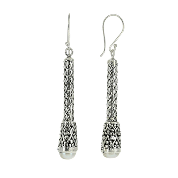 Woven Bali Freshwater Pearl Earrings in Sterling Silver