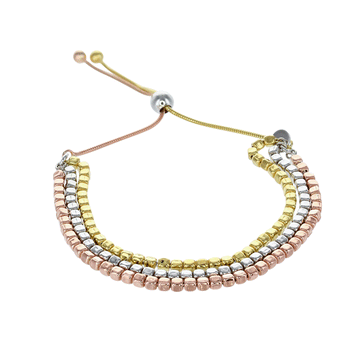 Private Collection 3-Strand Square Bead Adjustable Bracelet in Rhodium, Gold, and Rose Vermeil