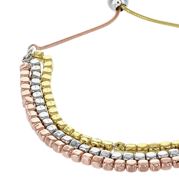 Private Collection 3-Strand Square Bead Adjustable Bracelet in Rhodium, Gold, and Rose Vermeil