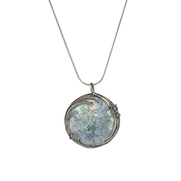 Roman Glass Round Pendant with Silver Floral Detail