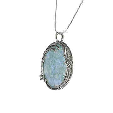 Roman Glass Round Pendant with Silver Floral Detail