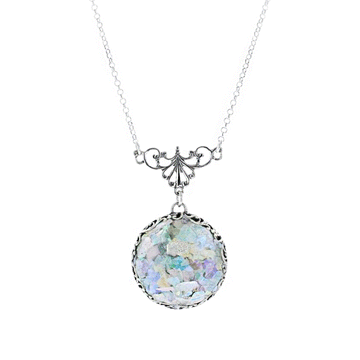 Roman Glass Round Patina Necklace with Sterling Filigree Back