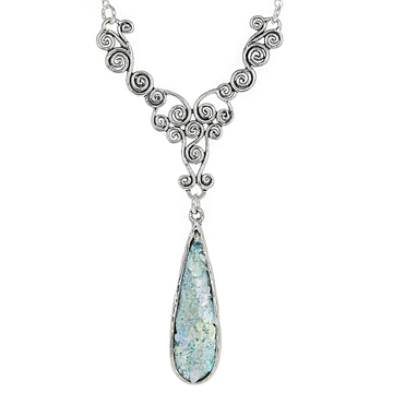 Roman Glass Slim Teardrop Necklace with Swirled Sterling Silver Detail