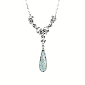 Roman Glass Slim Teardrop Necklace with Swirled Sterling Silver Detail