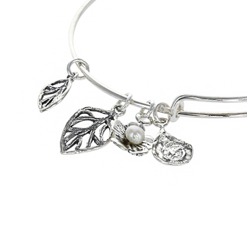 Sterling Silver Bangle with Pearl and Leaf Charms