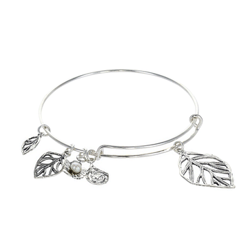 Sterling Silver Bangle with Pearl and Leaf Charms