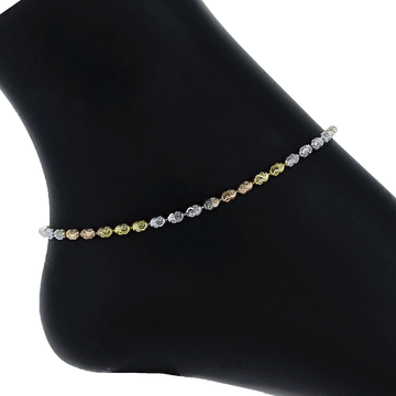 Sterling Silver Tri-color Moon Cut Bead Anklet